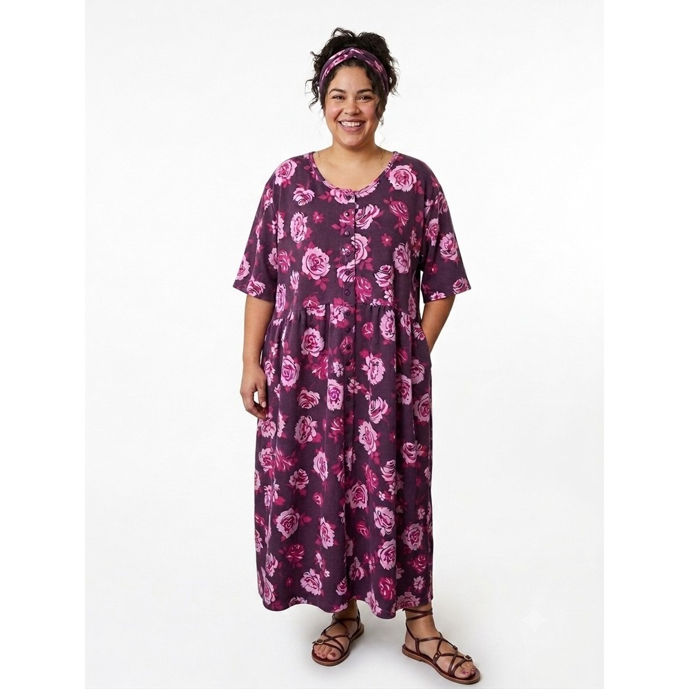Woman Within Plus Size Button Front Short Sleeve Knit Dress 2X Floral Purple